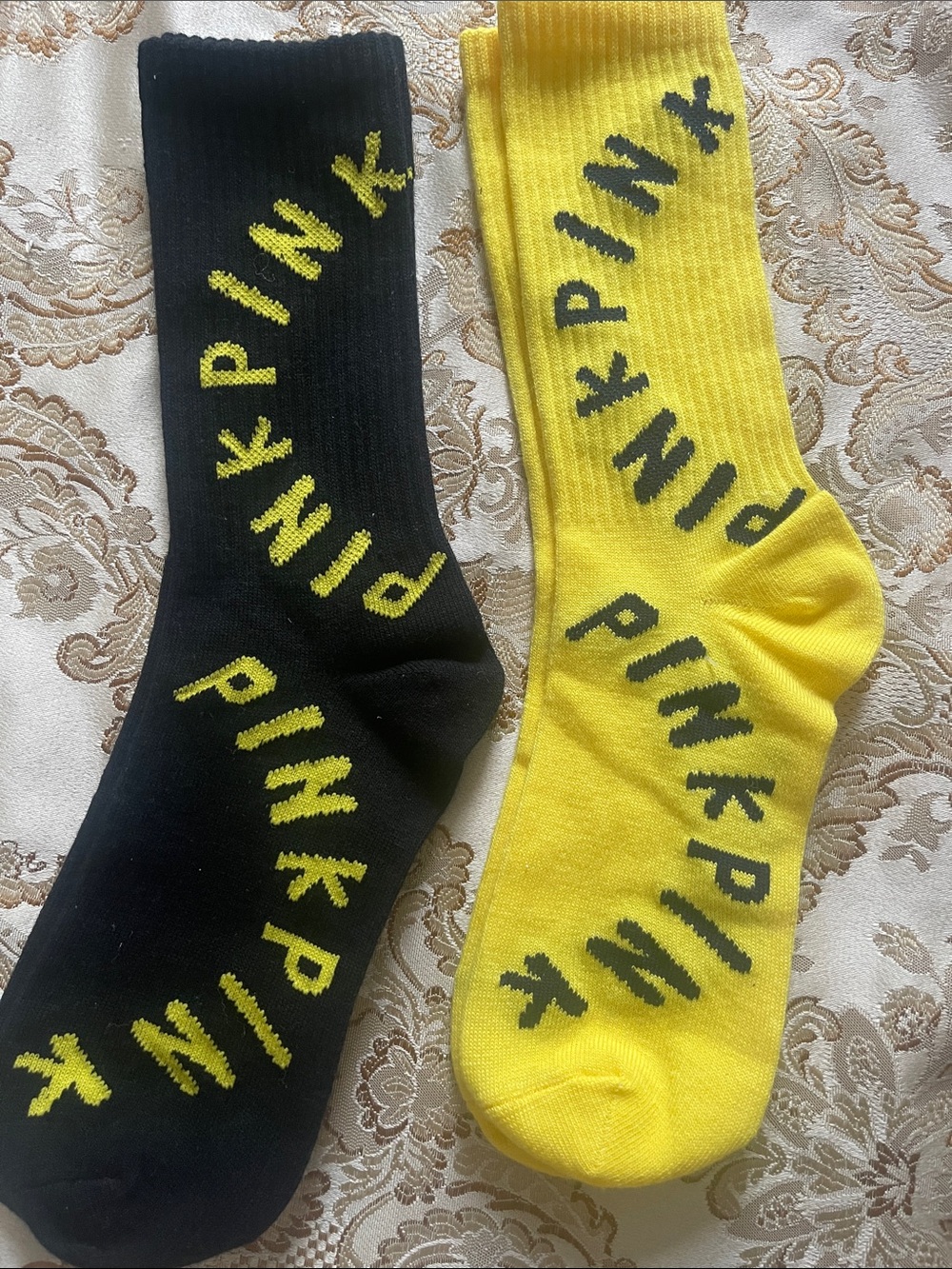 PINK Victoria's Secret Black & Yellow Logo Crew Socks - 2 Pair
